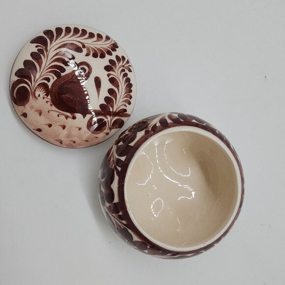 Mexican Hand Painted Ceramic Trinket Box With Floral & Bird Brown 3" Diameter - Picture 6 of 7
